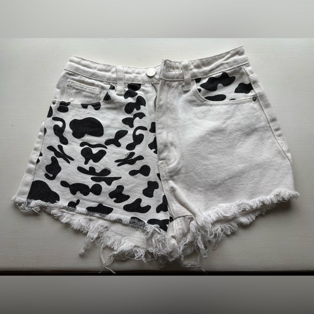 SHEIN Black and White Cow Print Jean Shorts